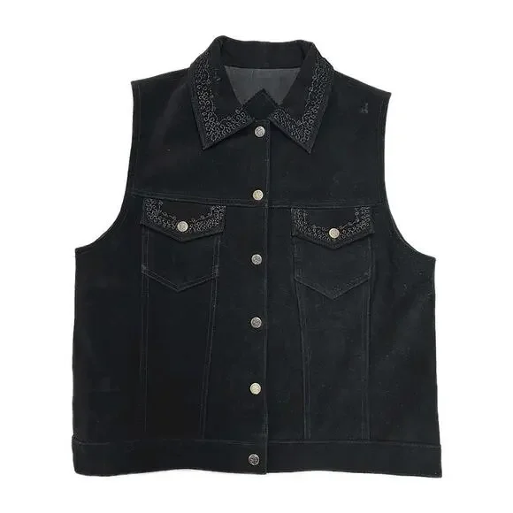 Vintage Shaver Lake Black Suede Embroidered Western Vest Medium Boho Whimsigoth - Picture 2 of 8